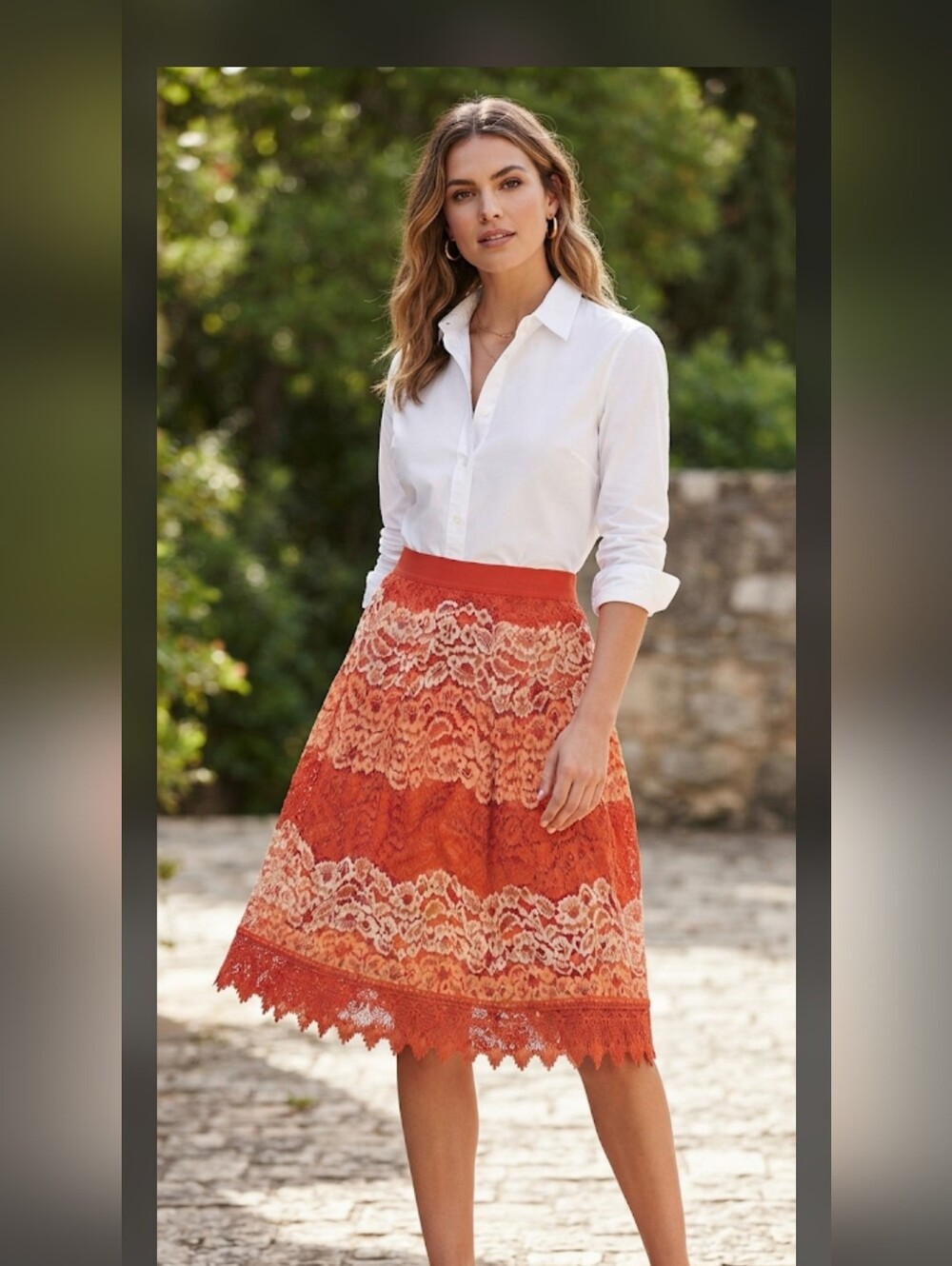 Isaac Mizrahi Coral and Cream Lace Circle Skirt